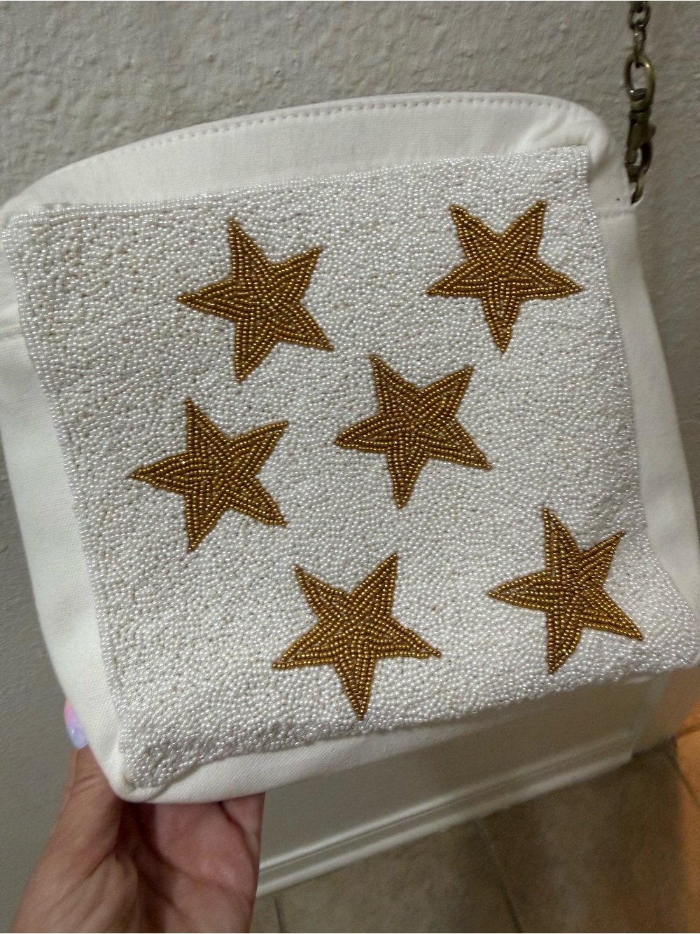White & Gold Beaded Star Crossbody Bag with Chain Strap